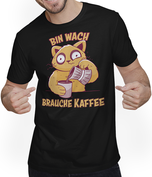 Produktbild von T-Shirt mit Mann Bin wach brauche Kaffee Süßes Mieze Espresso Katzen Sprüche