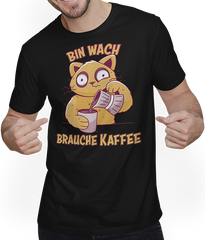 Produktbild von T-Shirt mit Mann Bin wach brauche Kaffee Süßes Mieze Espresso Katzen Sprüche