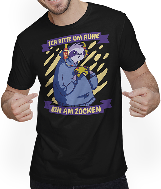 Produktbild von T-Shirt mit Mann Bitte um Ruhe bin am zocken Gamer Sprüche Faultier Zocker