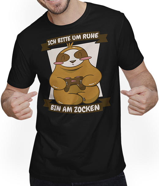 Produktbild von T-Shirt mit Mann Bitte um Ruhe bin am zocken Gamer Sprüche Faultier Zocker