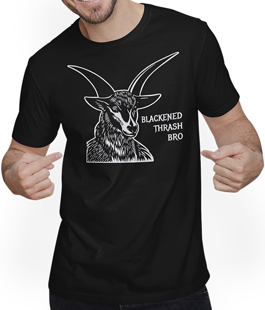 Produktbild von T-Shirt mit Mann Blackened Thrash Bro Goat Baphomet Satanist schwarzes Metall