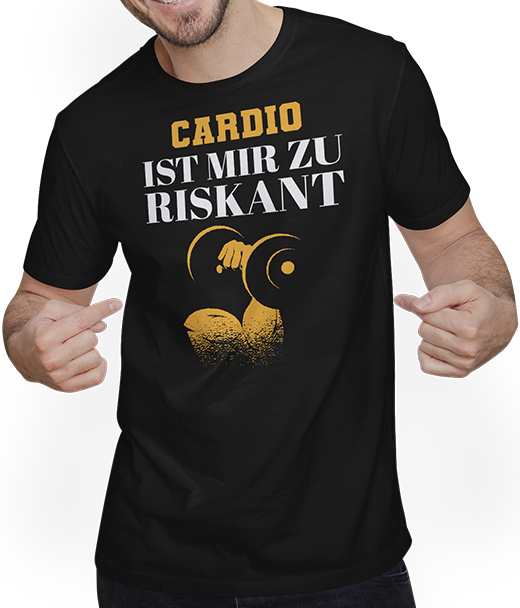 Produktbild von T-Shirt mit Mann Cardio ist mir zu riskant Kraftsport Body Builder Sprüche