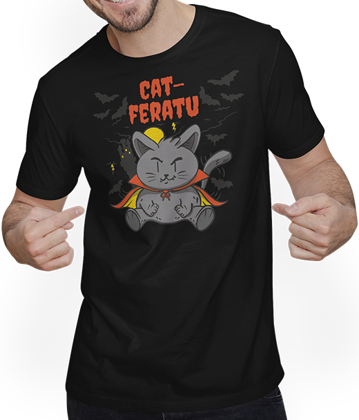 Produktbild von T-Shirt mit Mann Catferatu | Lustiges kleines Vampir-Katzenmonster | Katzen für Kinder