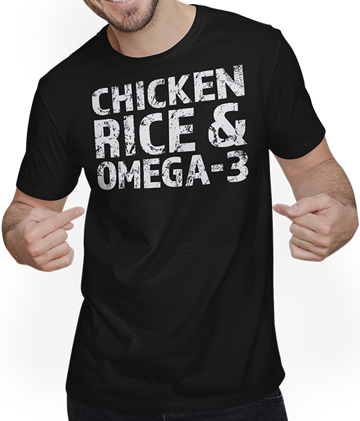 Produktbild von T-Shirt mit Mann Chicken Rice Omega-3 Muskeln Kniebeuge Bodybuilding Sprüche