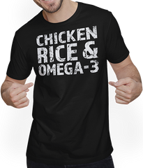 Produktbild von T-Shirt mit Mann Chicken Rice Omega-3 Muskeln Kniebeuge Bodybuilding Sprüche
