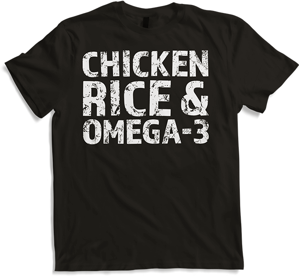 Produktbild von T-Shirt Chicken Rice Omega-3 Muskeln Kniebeuge Bodybuilding Sprüche