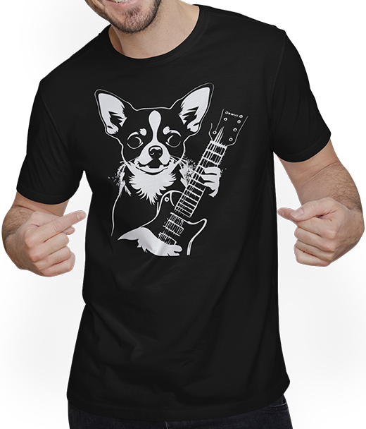 Produktbild von T-Shirt mit Mann Chihuahua mit E-Gitarre Musiker Lustiger Gitarrist