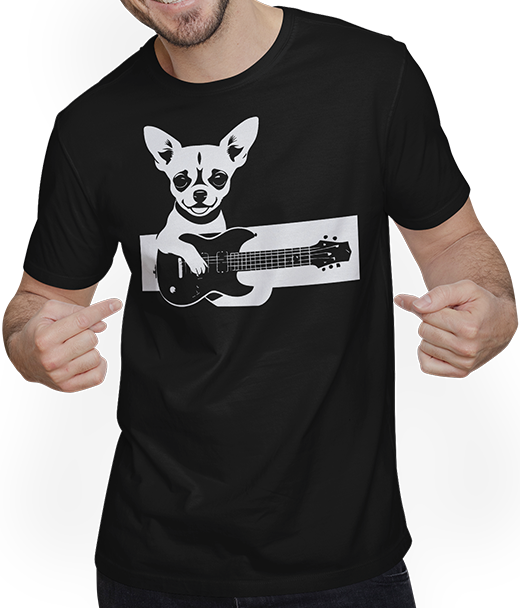 Produktbild von T-Shirt mit Mann Chihuahua mit E-Gitarre Musiker Lustiger Gitarrist
