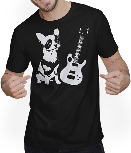 Produktbild von T-Shirt mit Mann Chihuahua mit E-Gitarre Musiker Lustiger Gitarrist