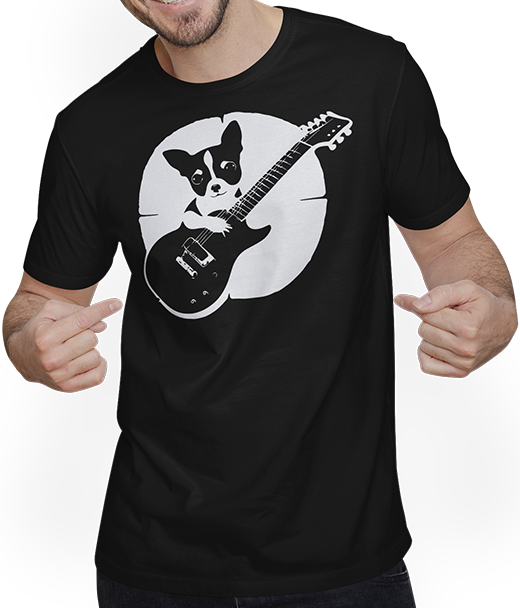 Produktbild von T-Shirt mit Mann Chihuahua mit E-Gitarre Musiker Lustiger Gitarrist