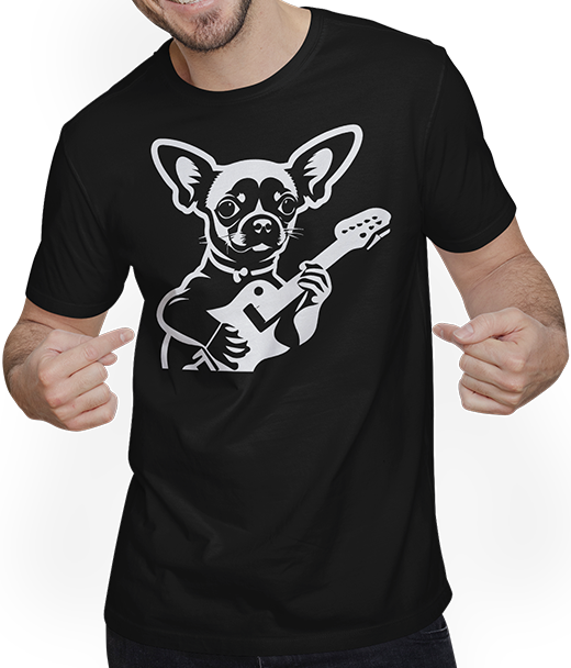Produktbild von T-Shirt mit Mann Chihuahua mit E-Gitarre Musiker Lustiger Gitarrist