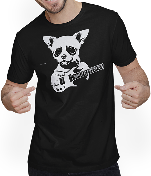 Produktbild von T-Shirt mit Mann Chihuahua mit E-Gitarre Musiker Lustiger Gitarrist
