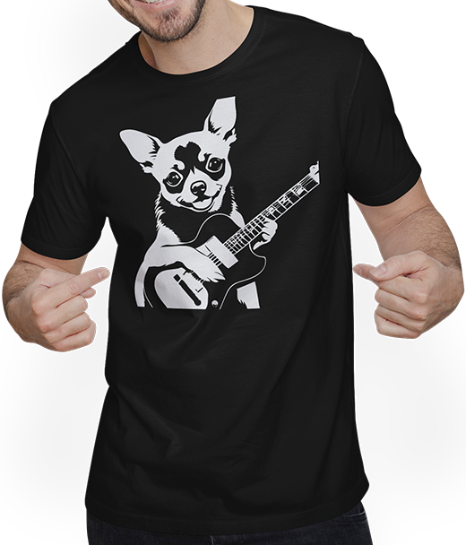 Produktbild von T-Shirt mit Mann Chihuahua mit E-Gitarre Musiker Lustiger Gitarrist