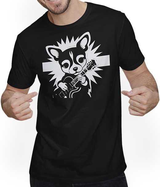 Produktbild von T-Shirt mit Mann Chihuahua mit E-Gitarre Musiker Lustiger Gitarrist