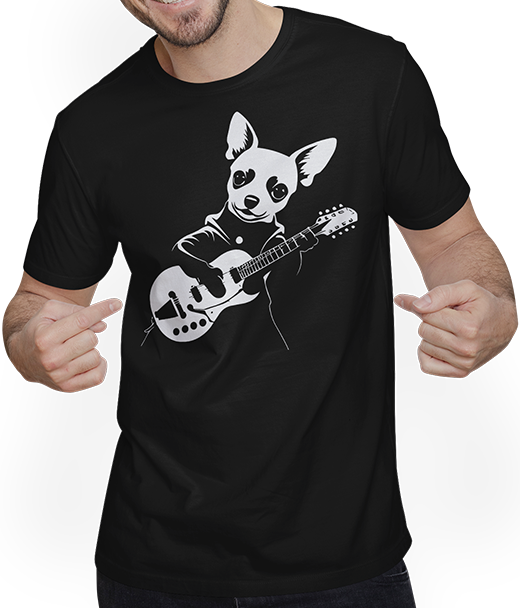 Produktbild von T-Shirt mit Mann Chihuahua mit E-Gitarre Musiker Lustiger Gitarrist