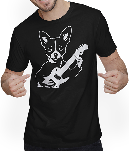 Produktbild von T-Shirt mit Mann Chihuahua mit E-Gitarre Musiker Lustiger Gitarrist