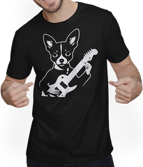 Produktbild von T-Shirt mit Mann Chihuahua mit E-Gitarre Musiker Lustiger Gitarrist