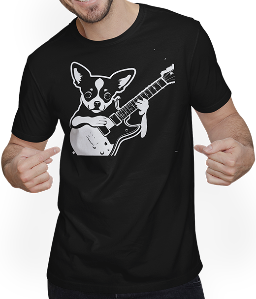 Produktbild von T-Shirt mit Mann Chihuahua mit E-Gitarre Musiker Lustiger Gitarrist