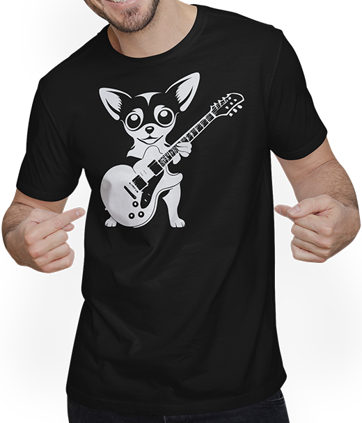 Produktbild von T-Shirt mit Mann Chihuahua mit E-Gitarre Musiker Lustiger Gitarrist