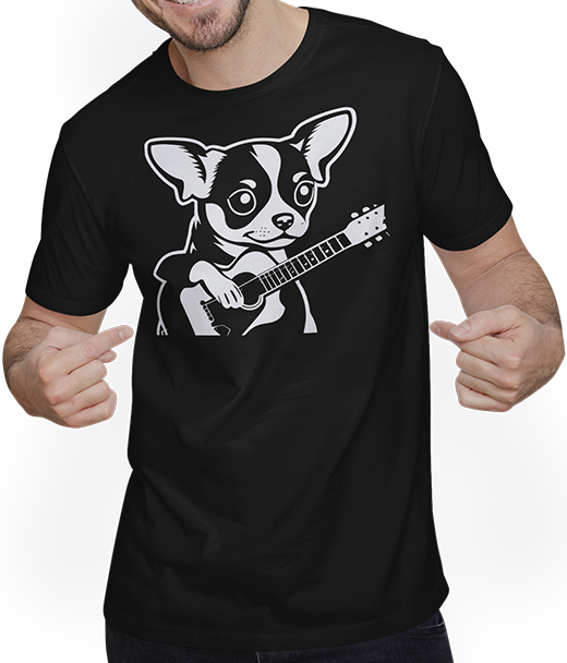 Produktbild von T-Shirt mit Mann Chihuahua mit E-Gitarre Musiker Lustiger Gitarrist