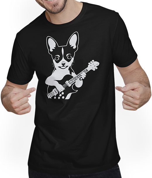 Produktbild von T-Shirt mit Mann Chihuahua mit E-Gitarre Musiker Lustiger Gitarrist