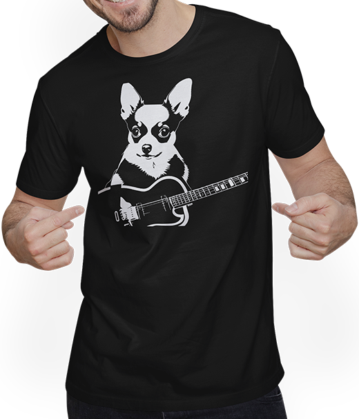 Produktbild von T-Shirt mit Mann Chihuahua mit E-Gitarre Musiker Lustiger Gitarrist
