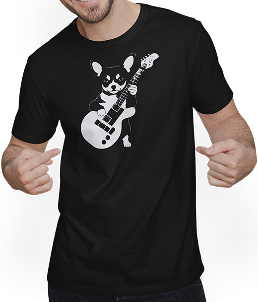 Produktbild von T-Shirt mit Mann Chihuahua mit E-Gitarre Musiker Lustiger Gitarrist