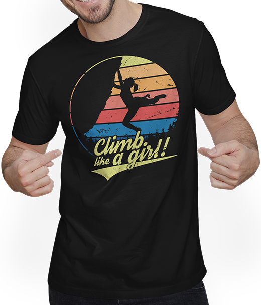 Produktbild von T-Shirt mit Mann Climb like a girl | Kletterspruch für kletternden Frauen
