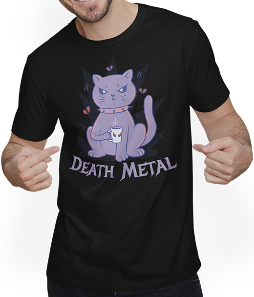 Produktbild von T-Shirt mit Mann Death Metal Spruch Kaffee Katze Metalhead Heavy Metal