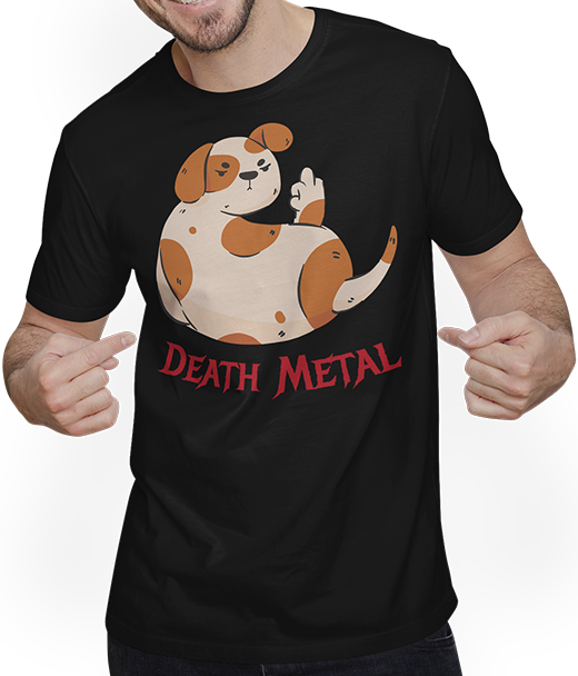 Produktbild von T-Shirt mit Mann Death Metal Spruch Mittelfinger Hund Metalhead Heavy Metal