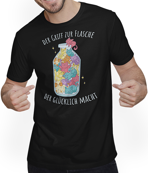 Produktbild von T-Shirt mit Mann Der Griff zur Flasche Lustige Katzen Sprüche Katzenspruch