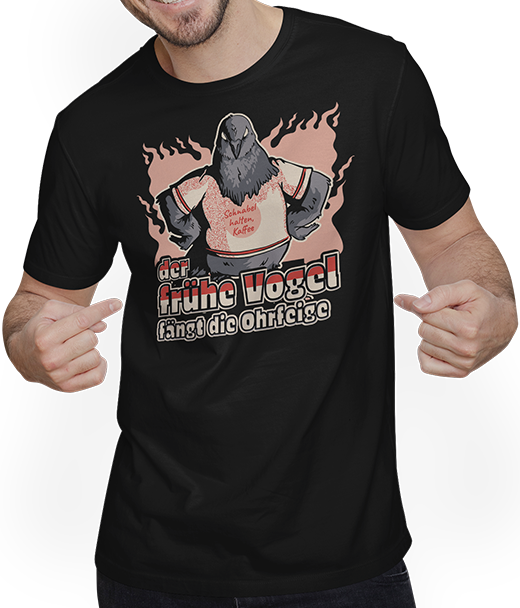 Produktbild von T-Shirt mit Mann Der frühe Vogel fängt die Ohrfeige Schnabel halten Kaffee