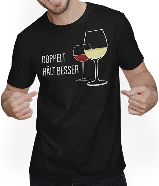Produktbild von T-Shirt mit Mann Doppelt hält besser Rotwein Weißwein Spruch Wein Sprüche