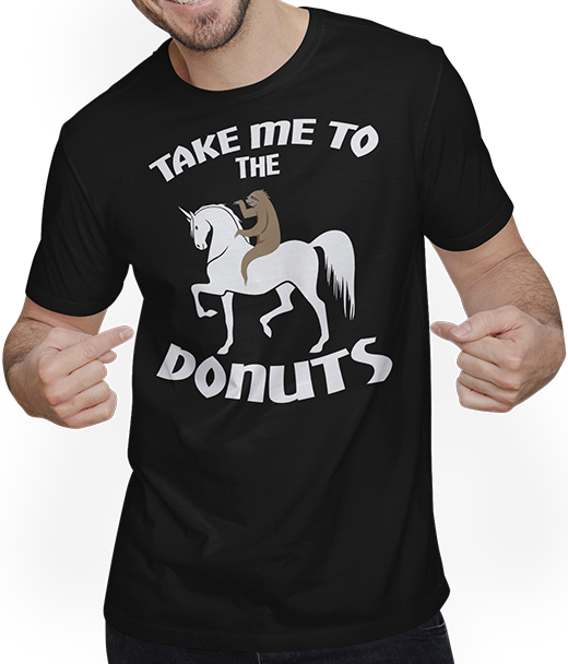 Produktbild von T-Shirt mit Mann Faultier auf Einhorn möchte Donut naschen T-Shirt