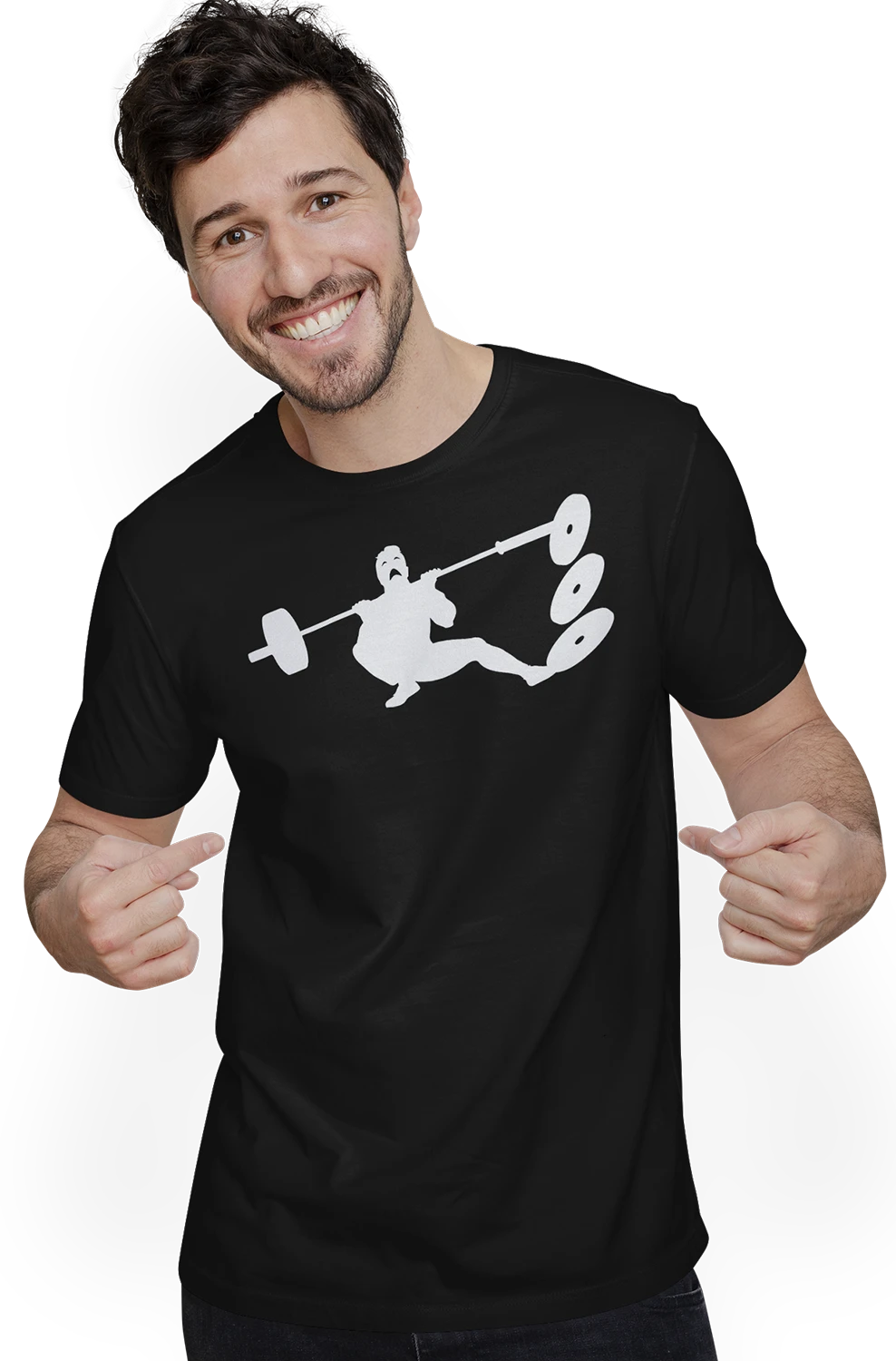 Zeigt Produktbild mit T-Shirt auf dem einem Mann ein Unglück beim Kreuzheben passiert