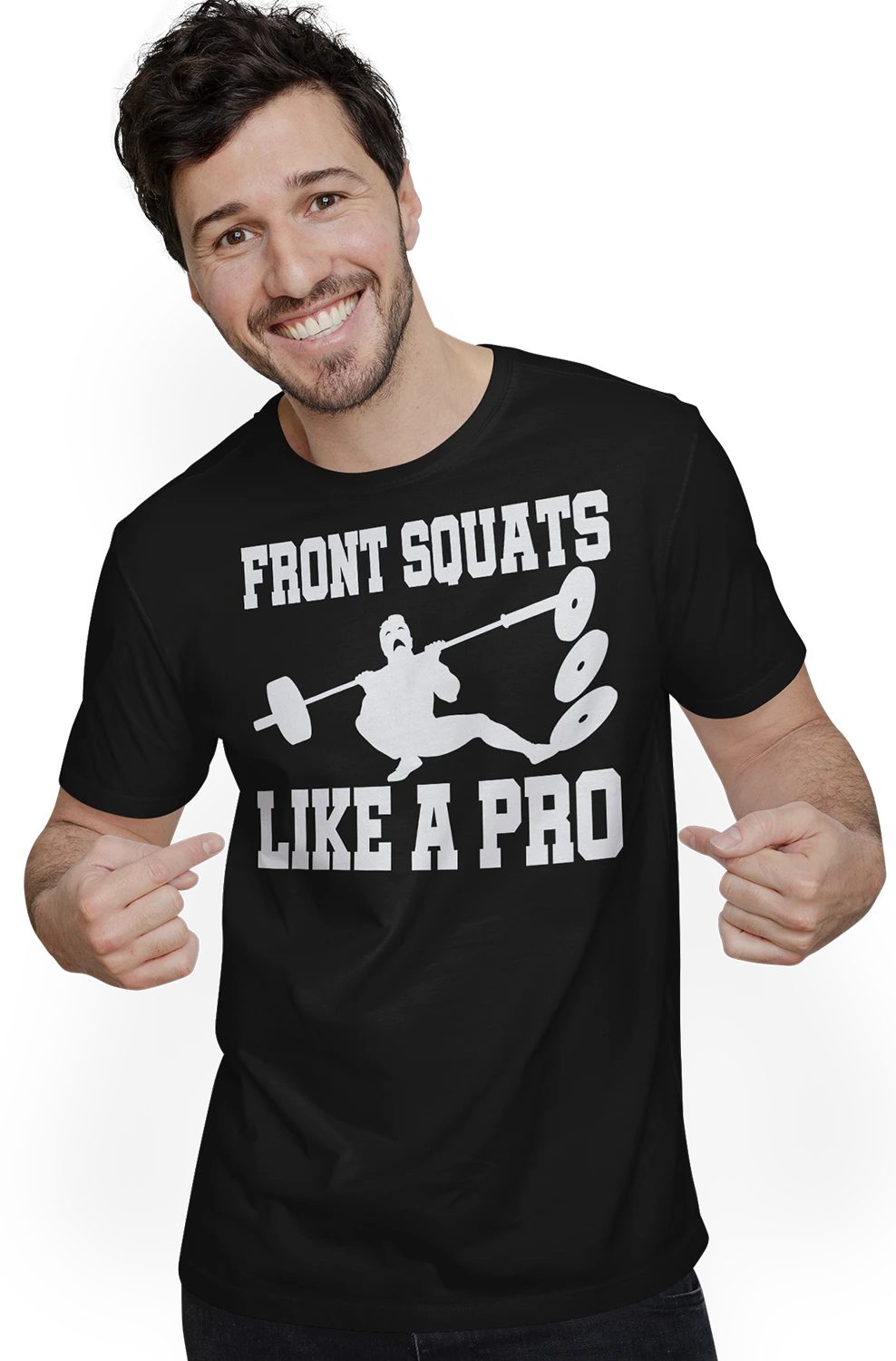 Produktbild zeigt T-Shirt mit Spruch "Front Squats Like A Pro" und Grafik bei dem einem Mann ein Unglück bei Kniebeugen passiert (lustig)
