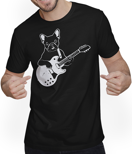 Produktbild von T-Shirt mit Mann Französische Bulldogge mit E-Gitarre Musiker Gitarrist