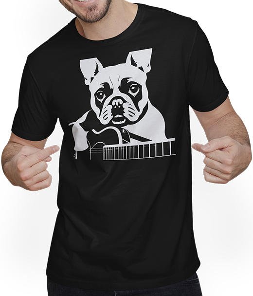 Produktbild von T-Shirt mit Mann Französische Bulldogge mit E-Gitarre Musiker Gitarrist