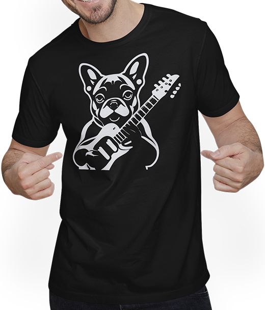 Produktbild von T-Shirt mit Mann Französische Bulldogge mit E-Gitarre Musiker Gitarrist