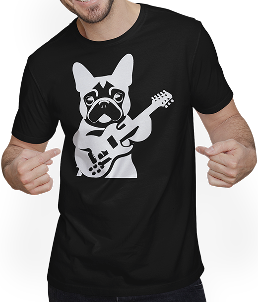 Produktbild von T-Shirt mit Mann Französischer Hund mit E-Gitarre Musiker Gitarrist