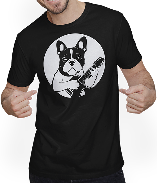Produktbild von T-Shirt mit Mann Französischer Hund mit E-Gitarre Musiker Gitarrist