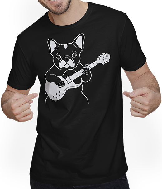 Produktbild von T-Shirt mit Mann Französischer Hund mit E-Gitarre Musiker Gitarrist