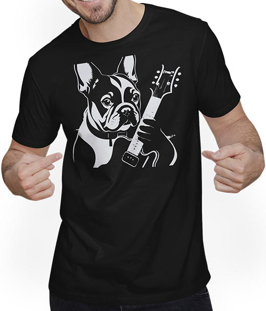 Produktbild von T-Shirt mit Mann Französischer Hund mit E-Gitarre Musiker Gitarrist