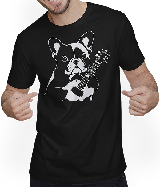 Produktbild von T-Shirt mit Mann Französischer Hund mit E-Gitarre Musiker Gitarrist