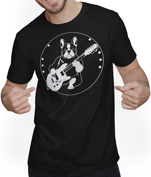 Produktbild von T-Shirt mit Mann Französischer Hund mit E-Gitarre Musiker Gitarrist
