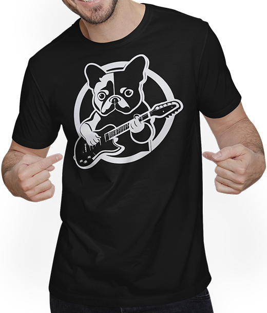 Produktbild von T-Shirt mit Mann Französischer Hund mit E-Gitarre Musiker Gitarrist
