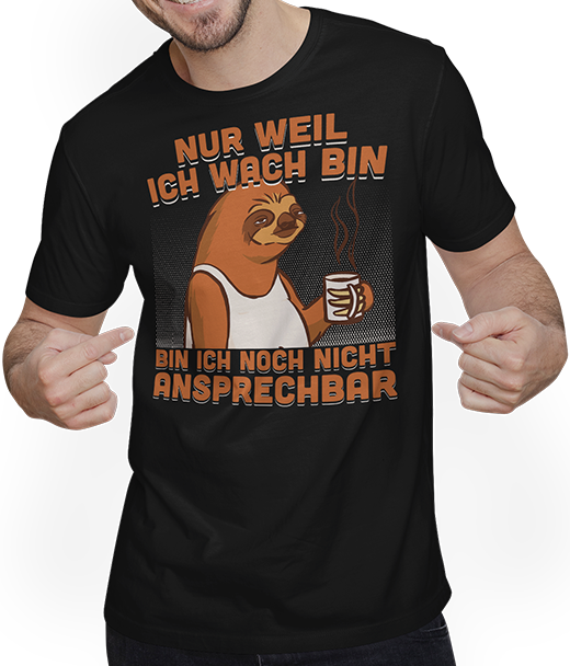 Produktbild von T-Shirt mit Mann Freche Morgenmuffel Faultier mit Kaffee Sprüche Faultier