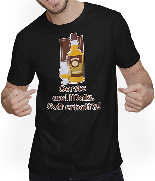 Produktbild von T-Shirt mit Mann Gerste und Malz Gott erhalt's Schottland Islay Scotch Whisky