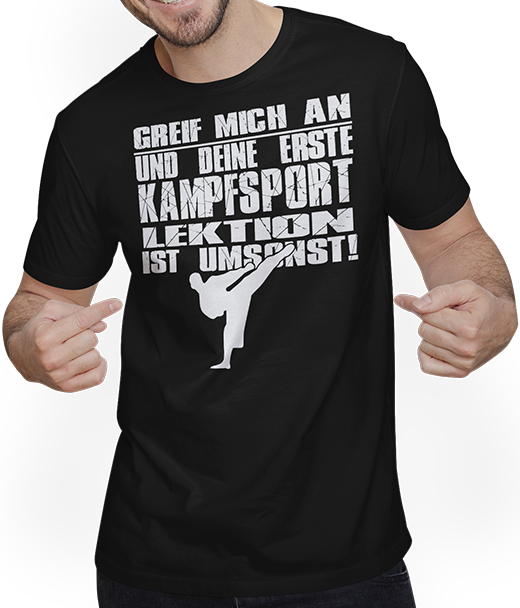 Produktbild von T-Shirt mit Mann Greif mich an und Deine erste Kampfsportlektion ist umsonst!