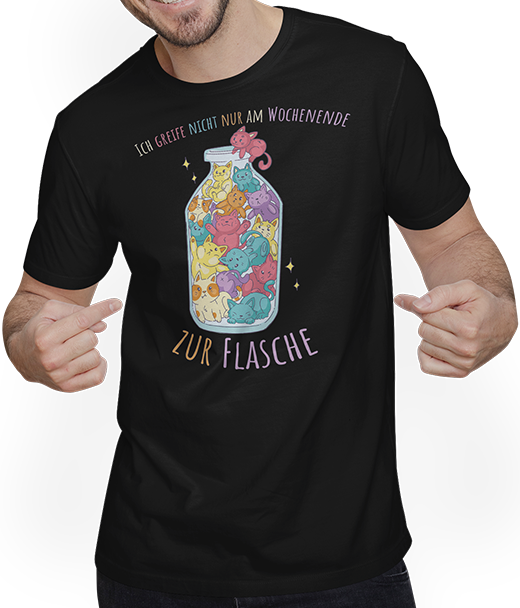 Produktbild von T-Shirt mit Mann Greife zur Flasche Lustige Katzen Sprüche Katzenspruch